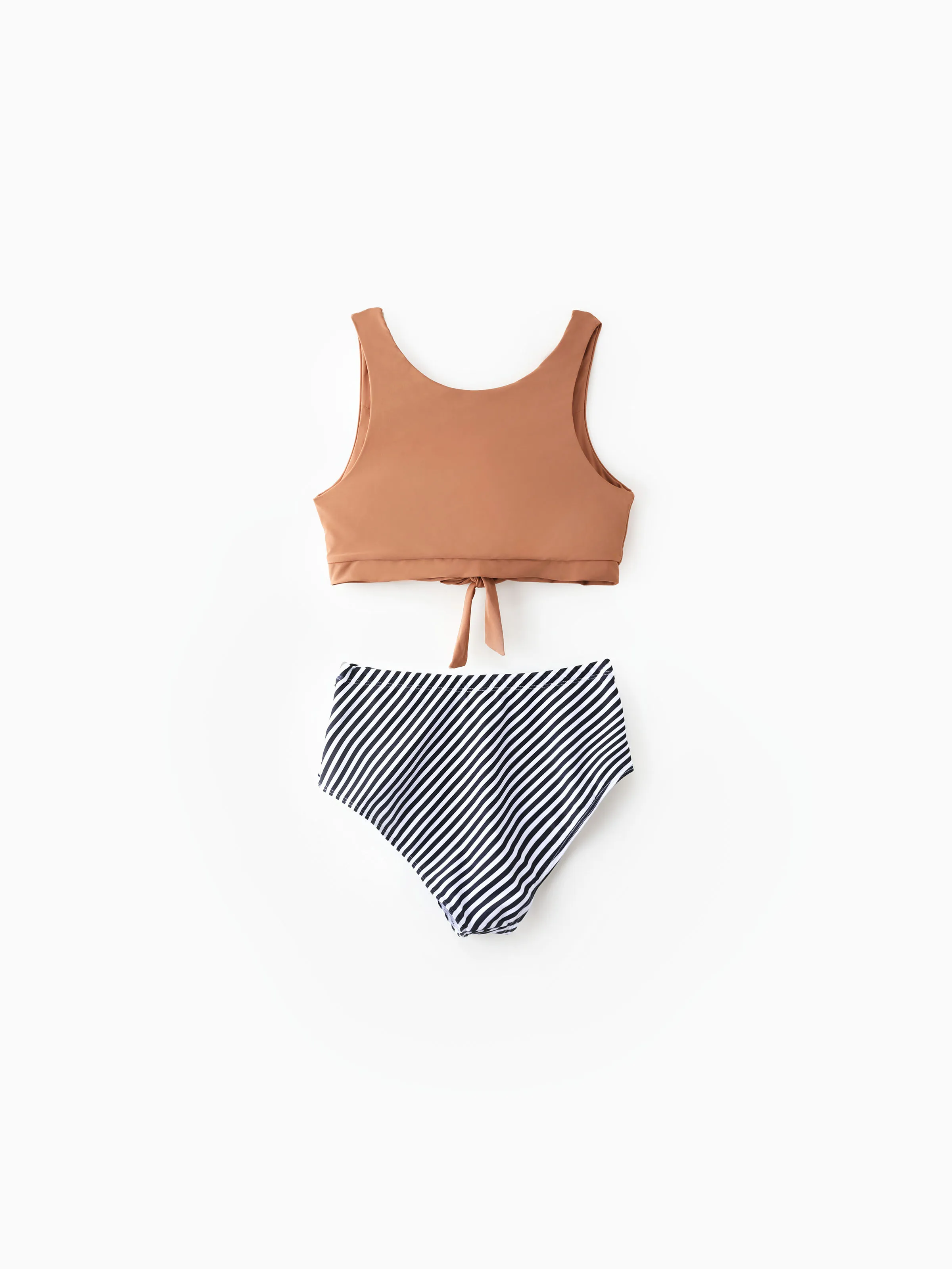 Family Matching Vertical Stripe Drawstring Swim Drunks or Besties Printed Crop Tank Bikini Khaki - Image 7