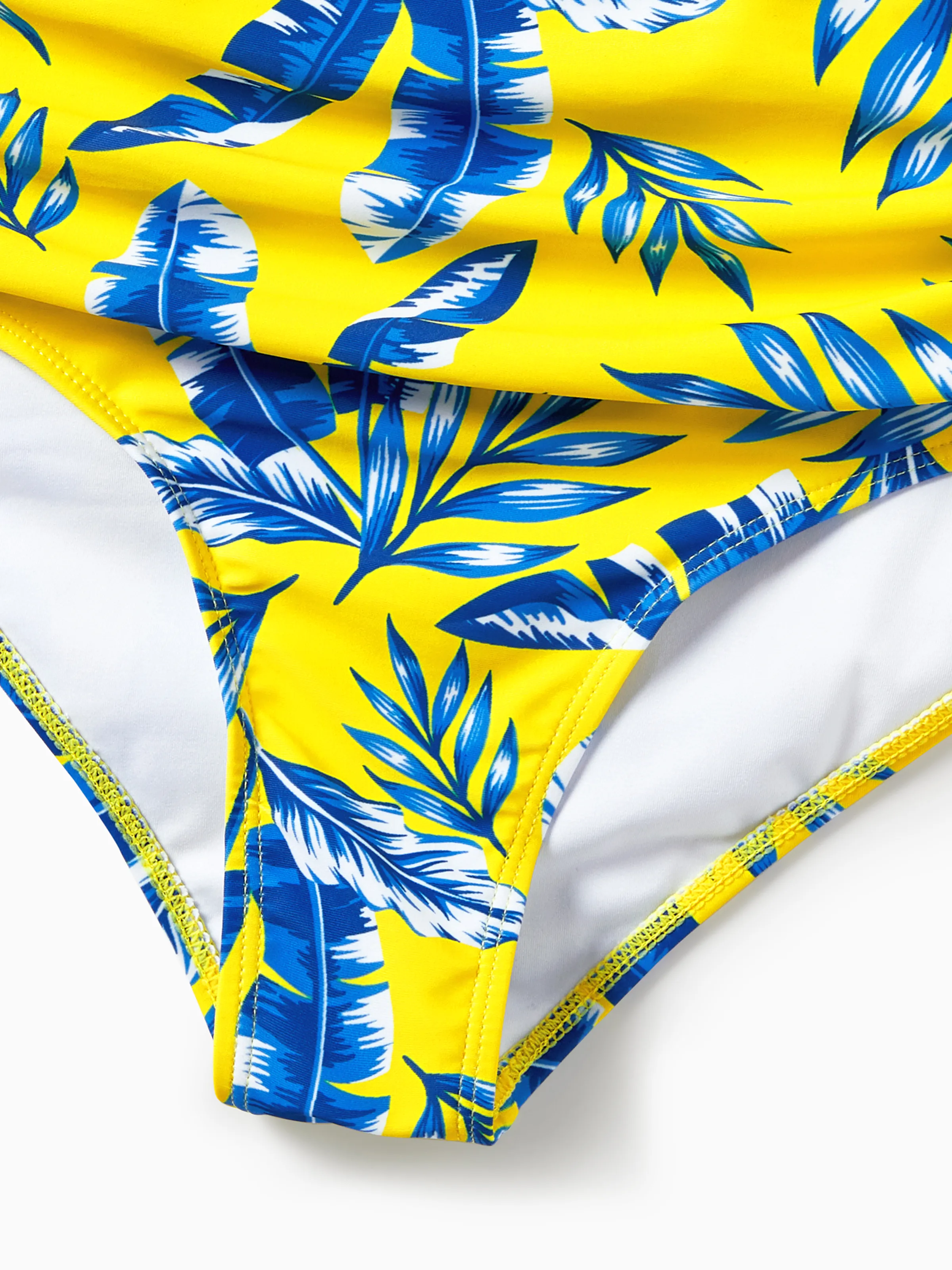 Family Matching Yellow Leaf Print Swim Trunks or Ruched Flutter Sleeve Bikini with Optional Swim Cover Up Yellow - Image 5