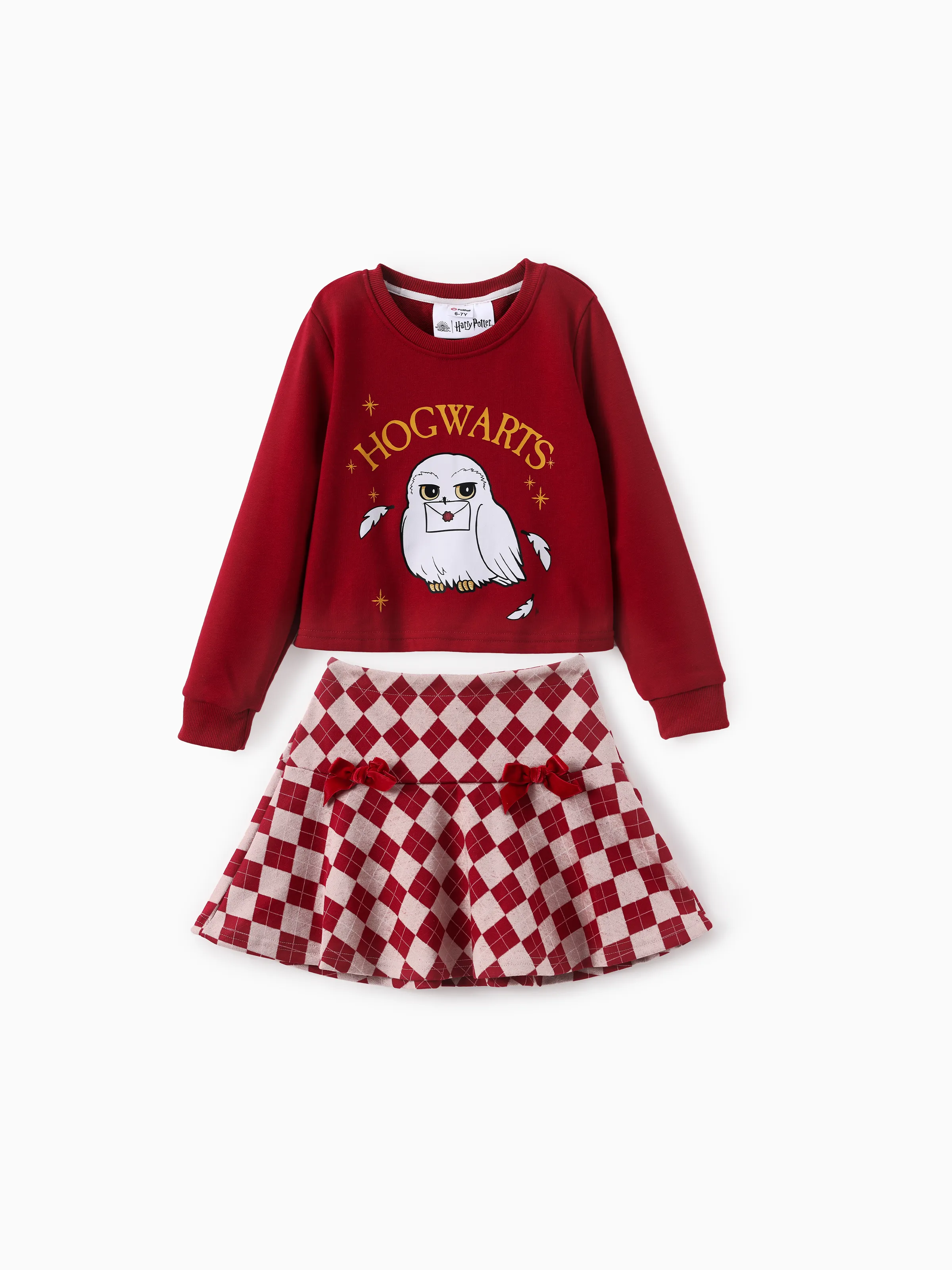 Harry Potter Kid Girl 2pcs Owl Print Long-sleeve Sweatshirt And Bow tie Plaid Skirt Set Red