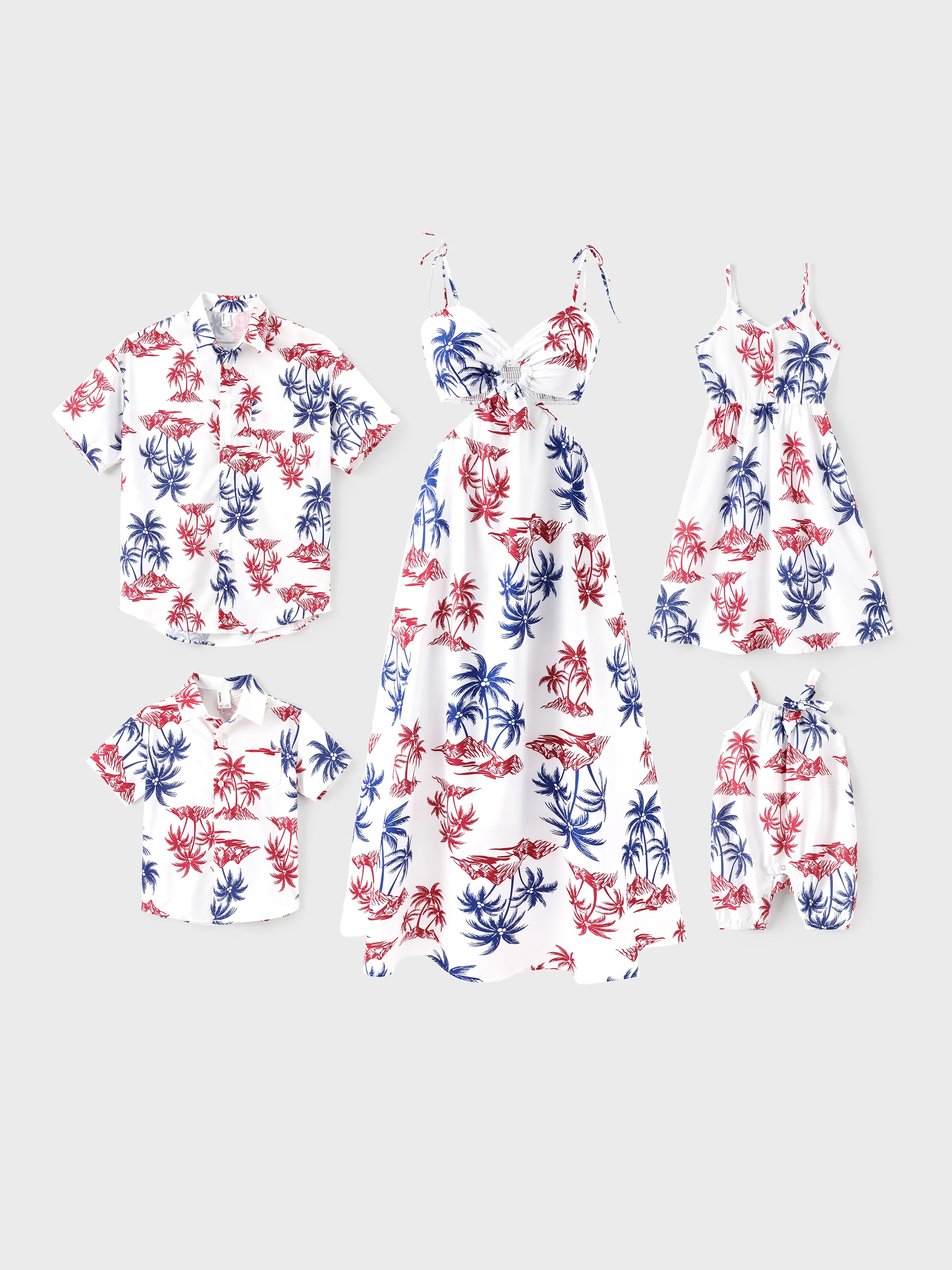 Independence Day 4th of July Matching Family Outfits Red & Blue Palm Tree Print Hawaiian Vacation Clothes Summer Beach Shirt & Dress Set Multi-color