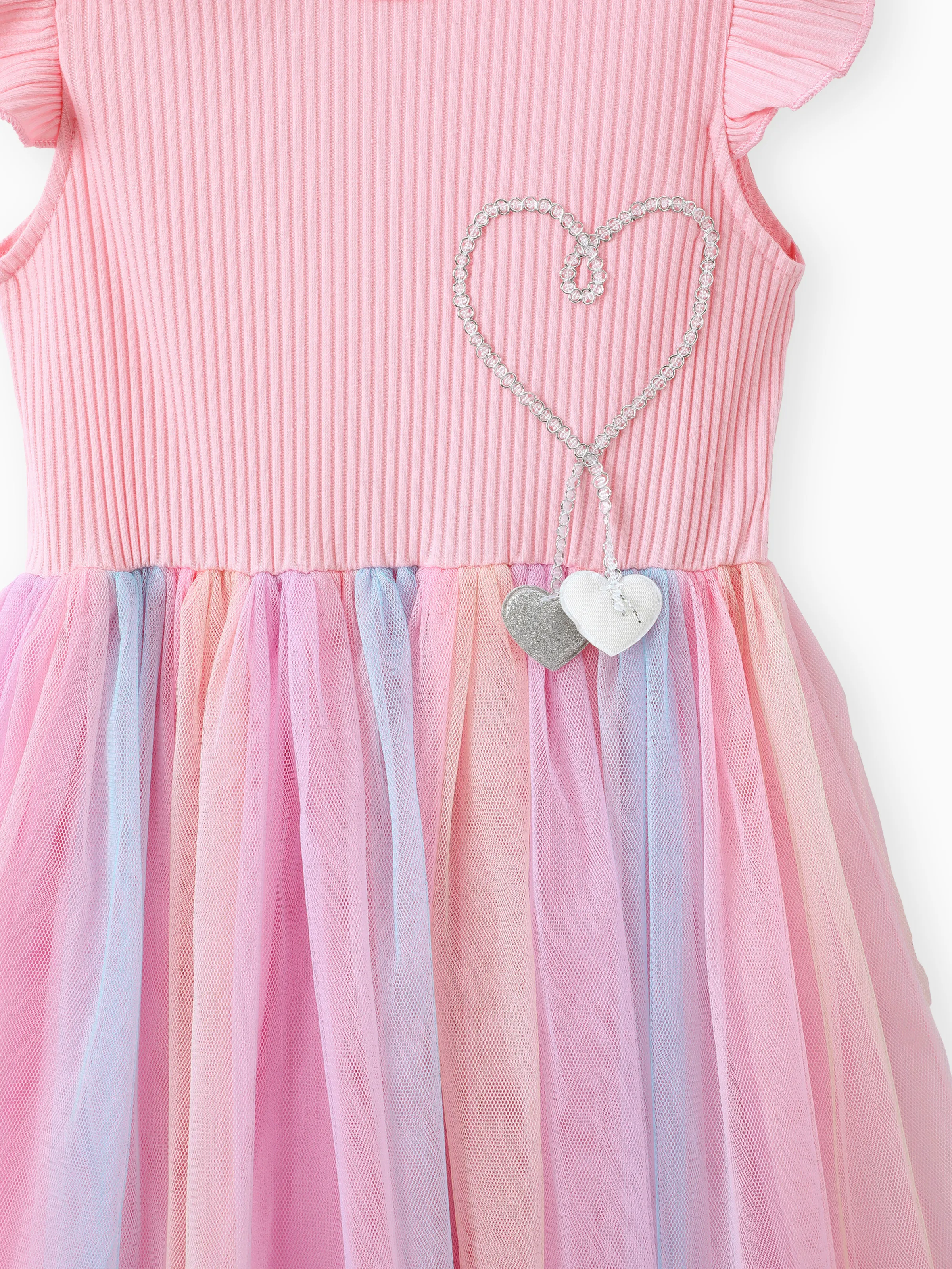 Kid Girl Princess Flutter-sleeve Heart Rainbow Mesh Fairy Dress Pink - Image 2
