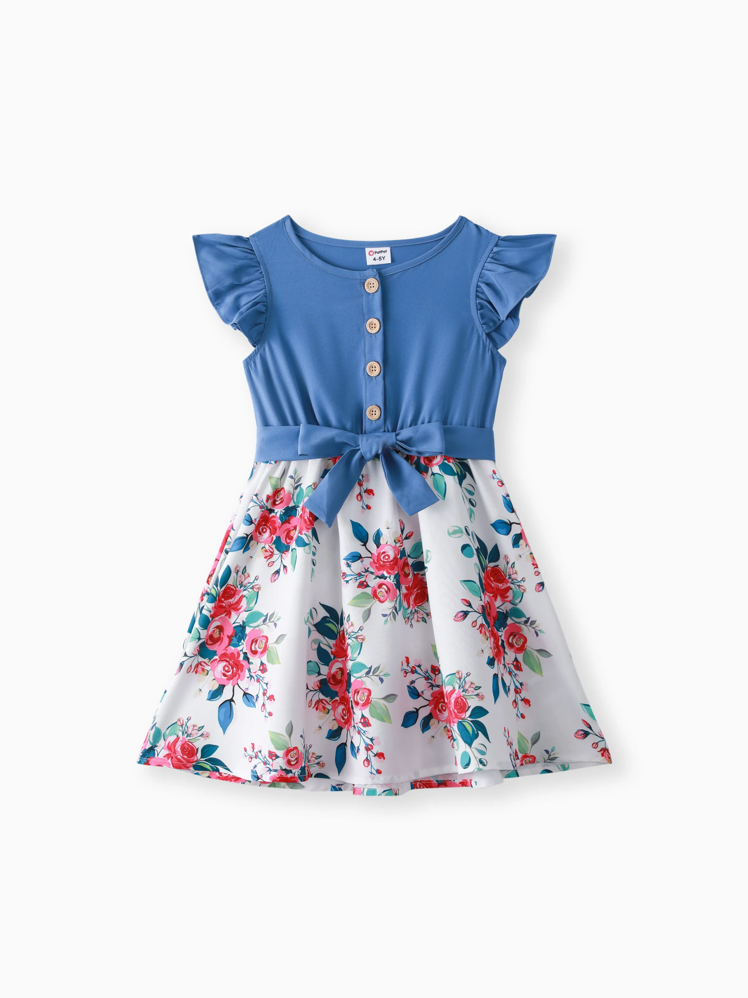 Kid Girl Ruffled Floral Print Splice Belted Flutter-sleeve Dress Blue
