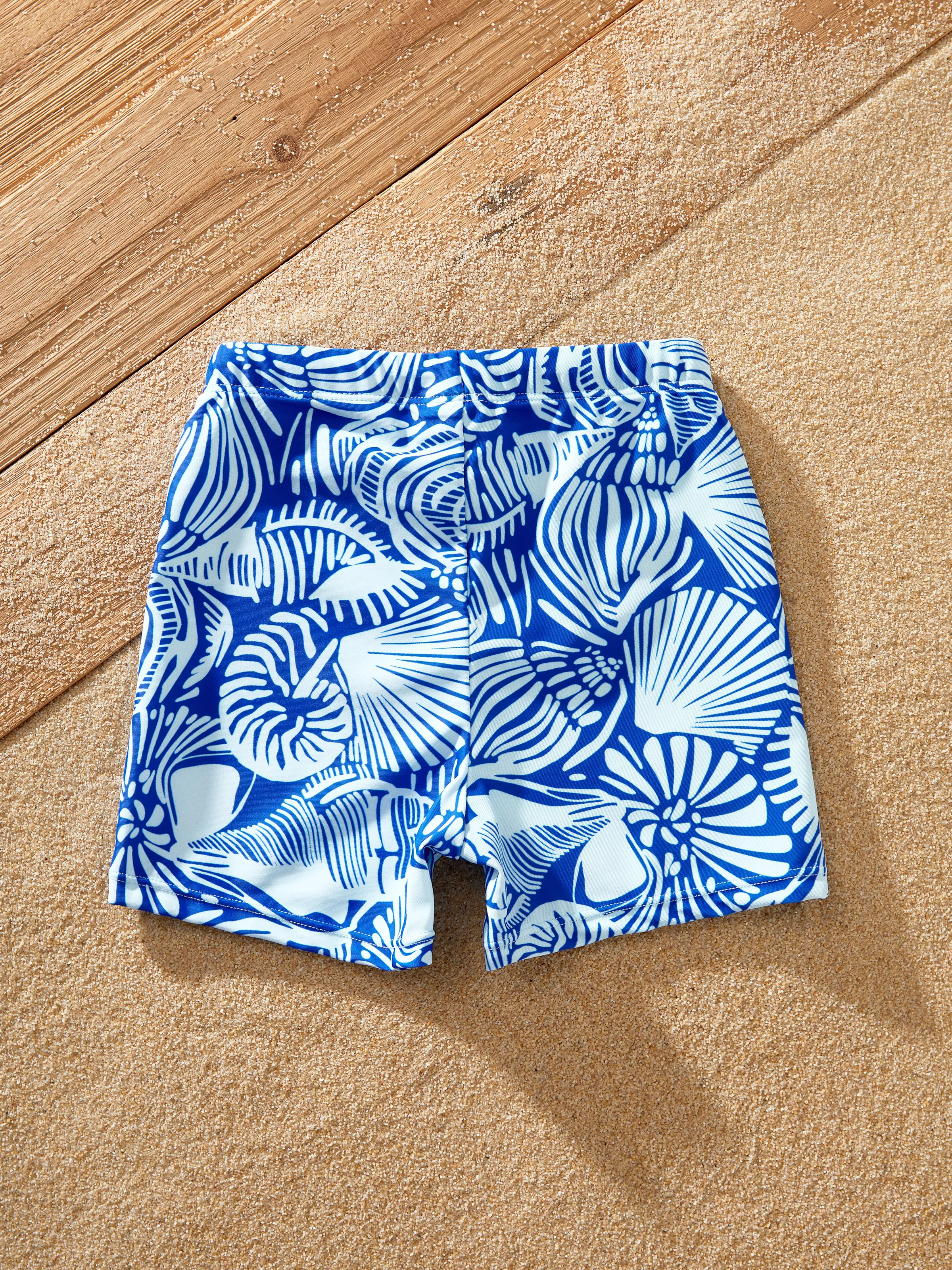 Matching Family Shell Print Swimwear Floral two-piece Bikini & Swim Shorts Set for Mom, Dad, & Kids, Perfect for Beach Days & Pool Parties Blue - Image 20