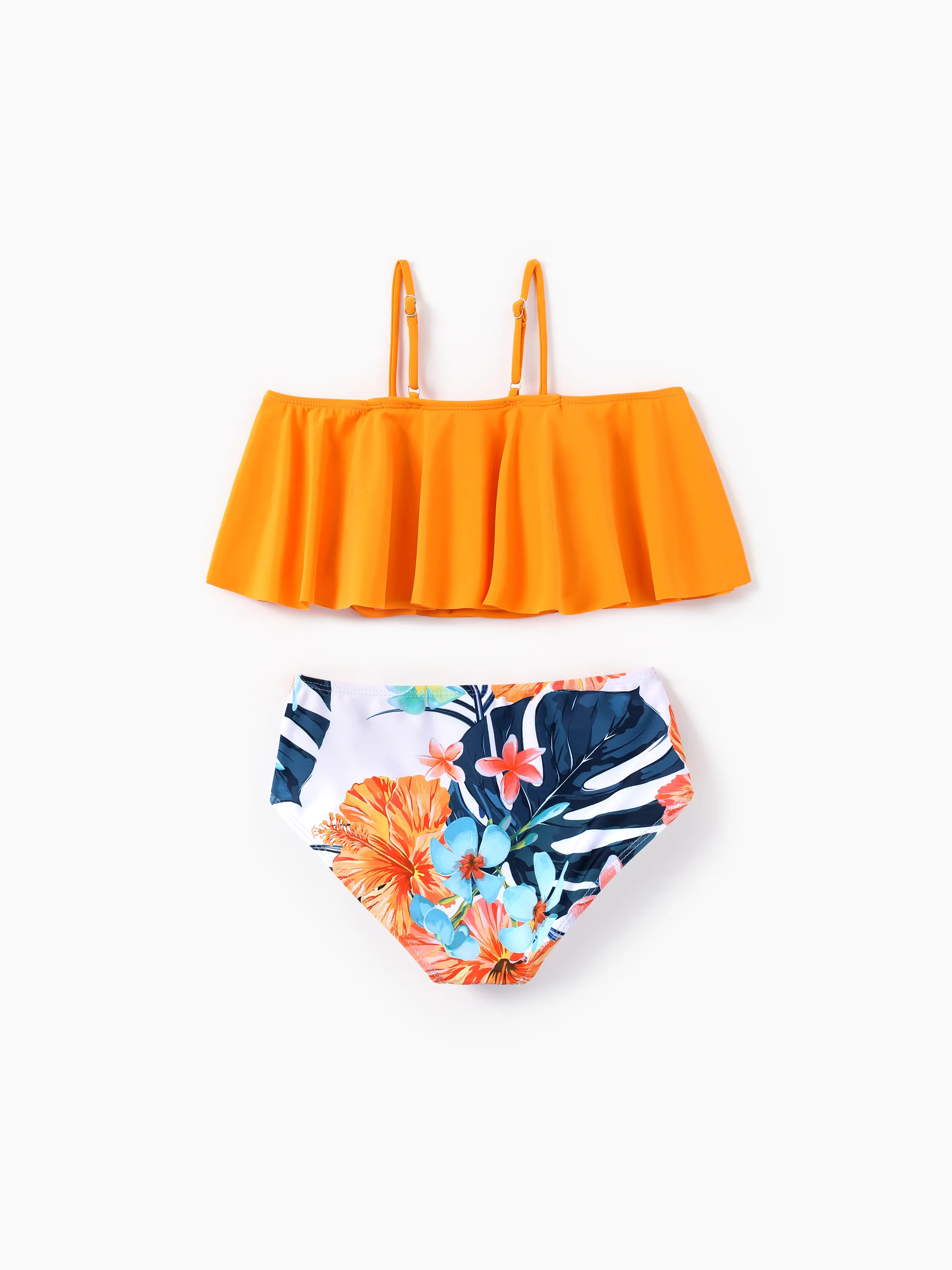 Matching Family Swimwear Tropical Floral Bikini Set with Ruffle Top for Mom & Daughter, Board Shorts for Dad & Son, Bright Summer Beach Outfits Orange - Image 8