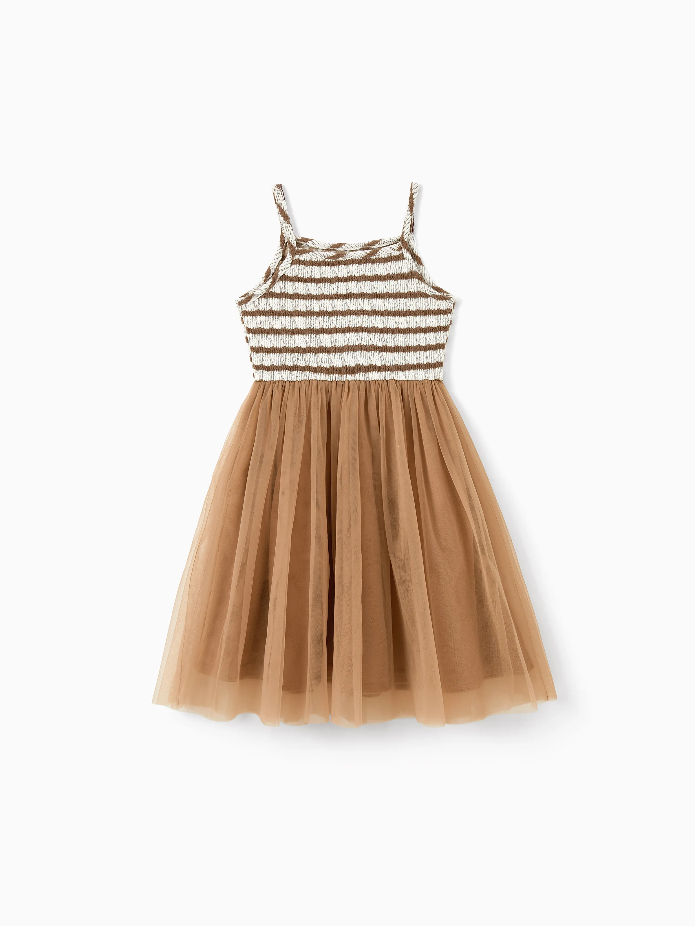 Matching Striped Dresses for Mommy & Me Twist-Front Dress with Tulle Skirt, Perfect for Summer Family Outings & Photos Khaki - Image 7