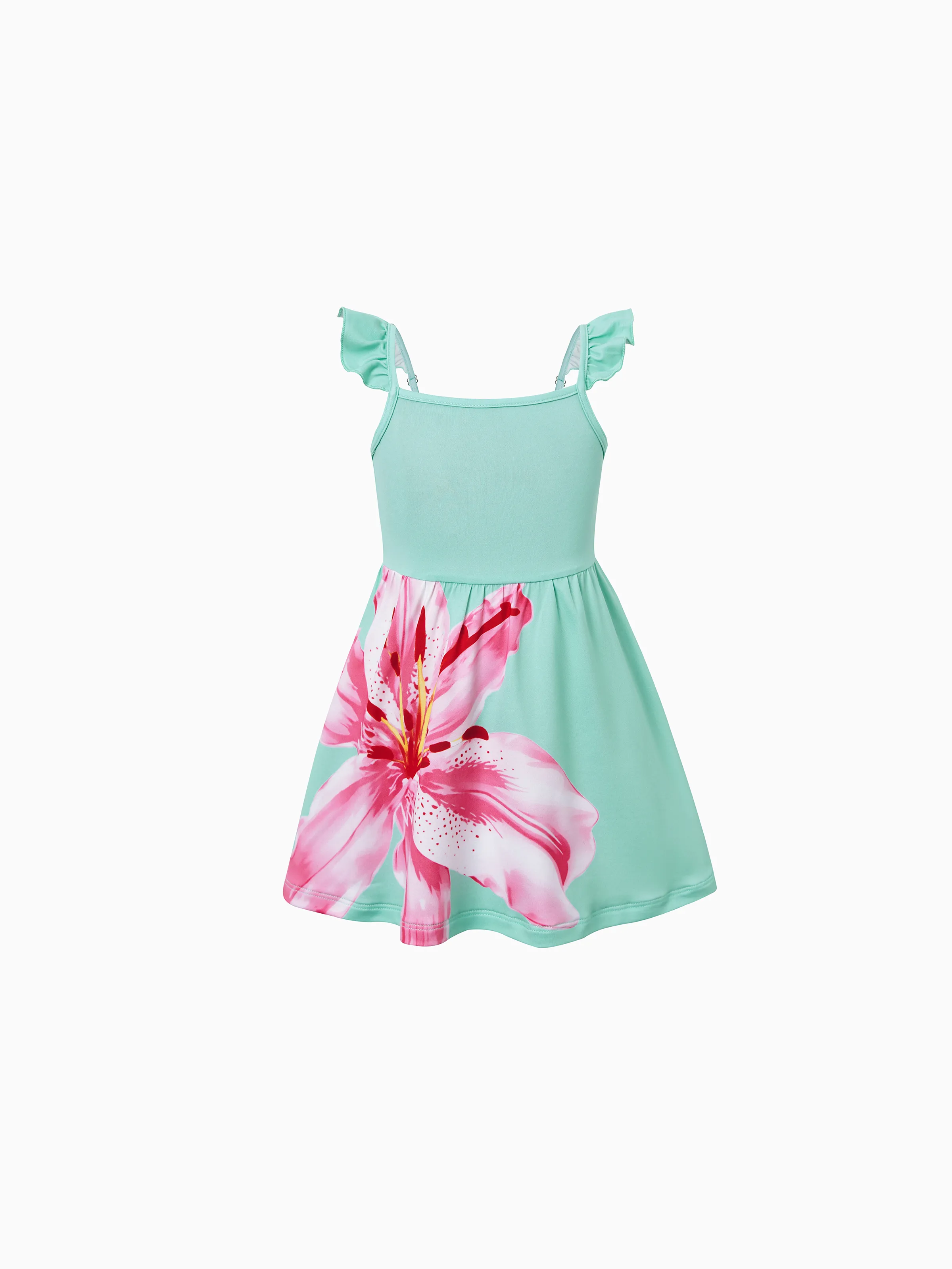 Mommy and Me Casual Flower Print Sleeveless Strappy Dresses Light Green - Image 12