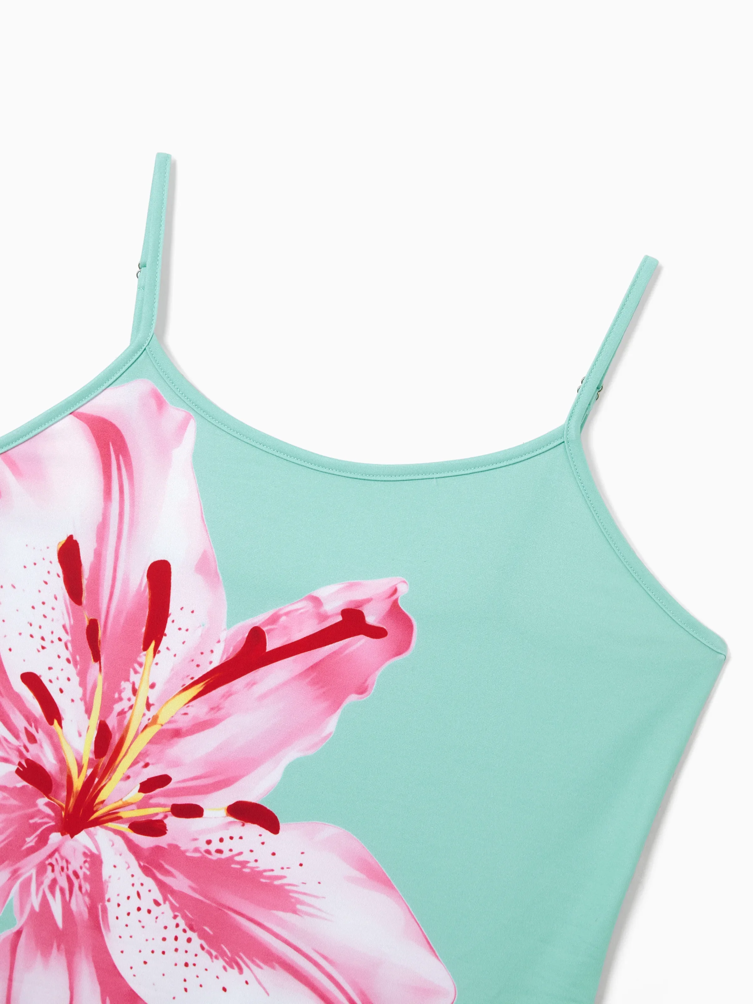 Mommy and Me Casual Flower Print Sleeveless Strappy Dresses Light Green - Image 4