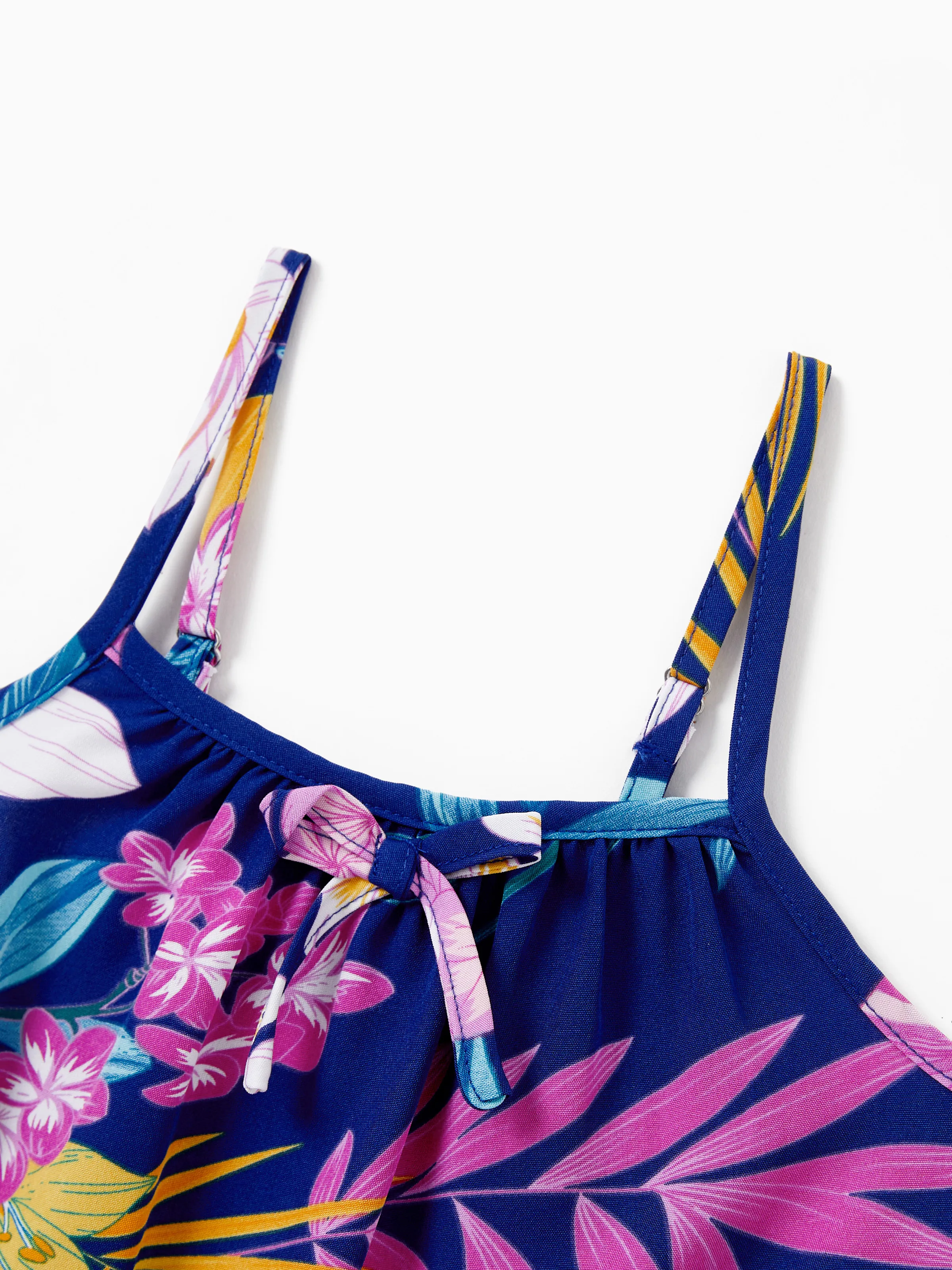 Mommy and Me Matching Family Hawaiian Outfits Tropical Floral Print Strap Dress or Short-sleeve Shirts & Shorts Set Summer Beachwear Set for Vacation Deep Blue - Image 15