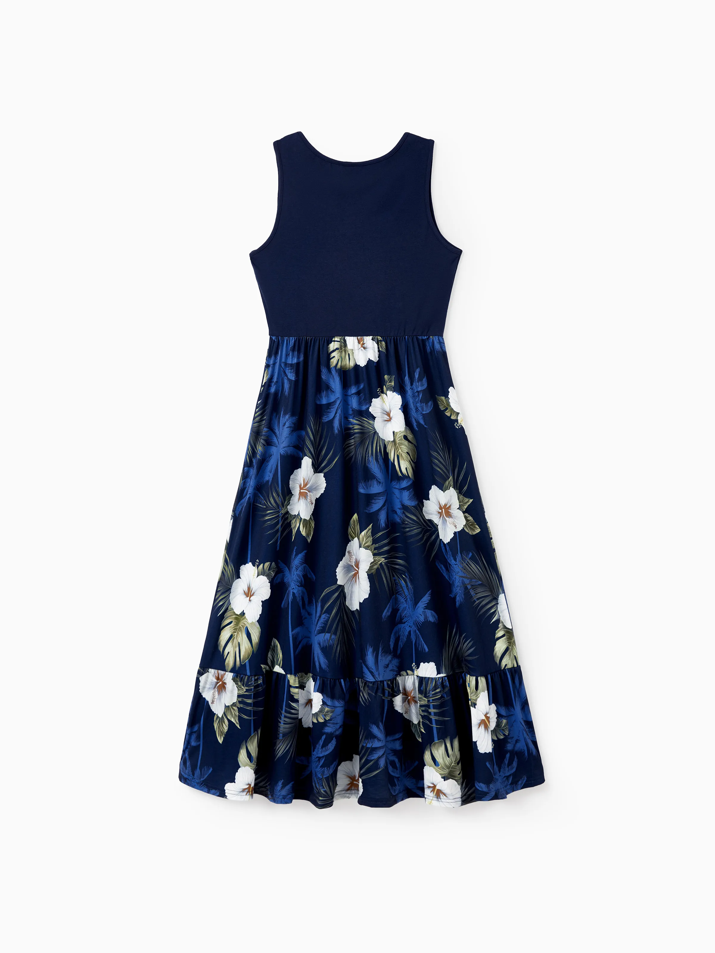 Mommy & me Floral Print Splicing Sleeveless Tank Dress Deep Blue - Image 4