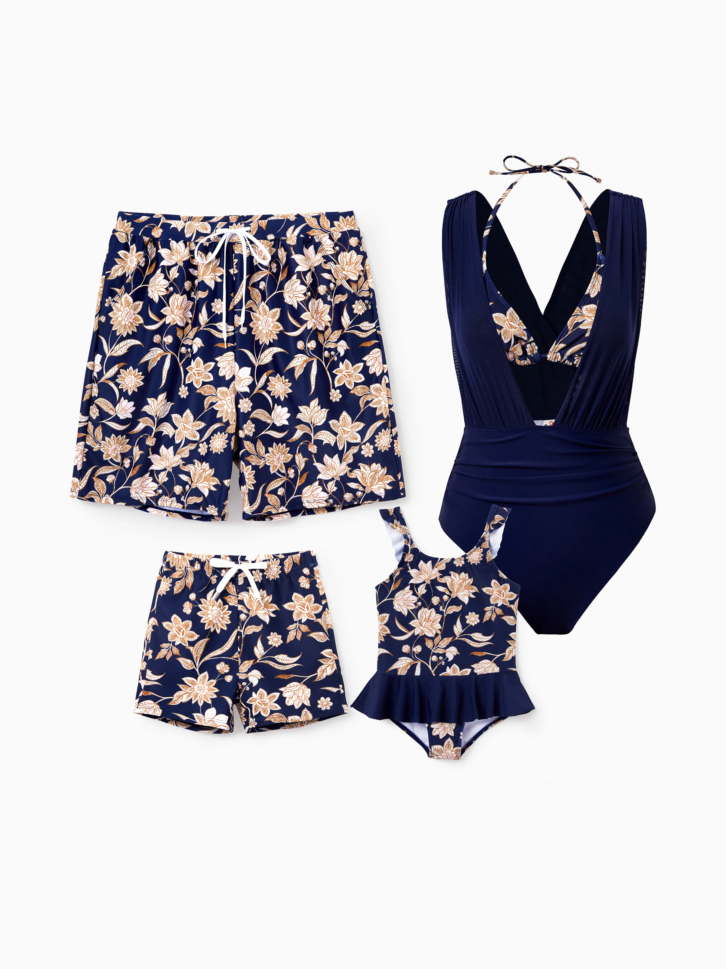 Mommy & me Floral Print Swimsuits 2-in-1 One-Piece Swimsuit & Swim Trunks Deep Blue - Image 2