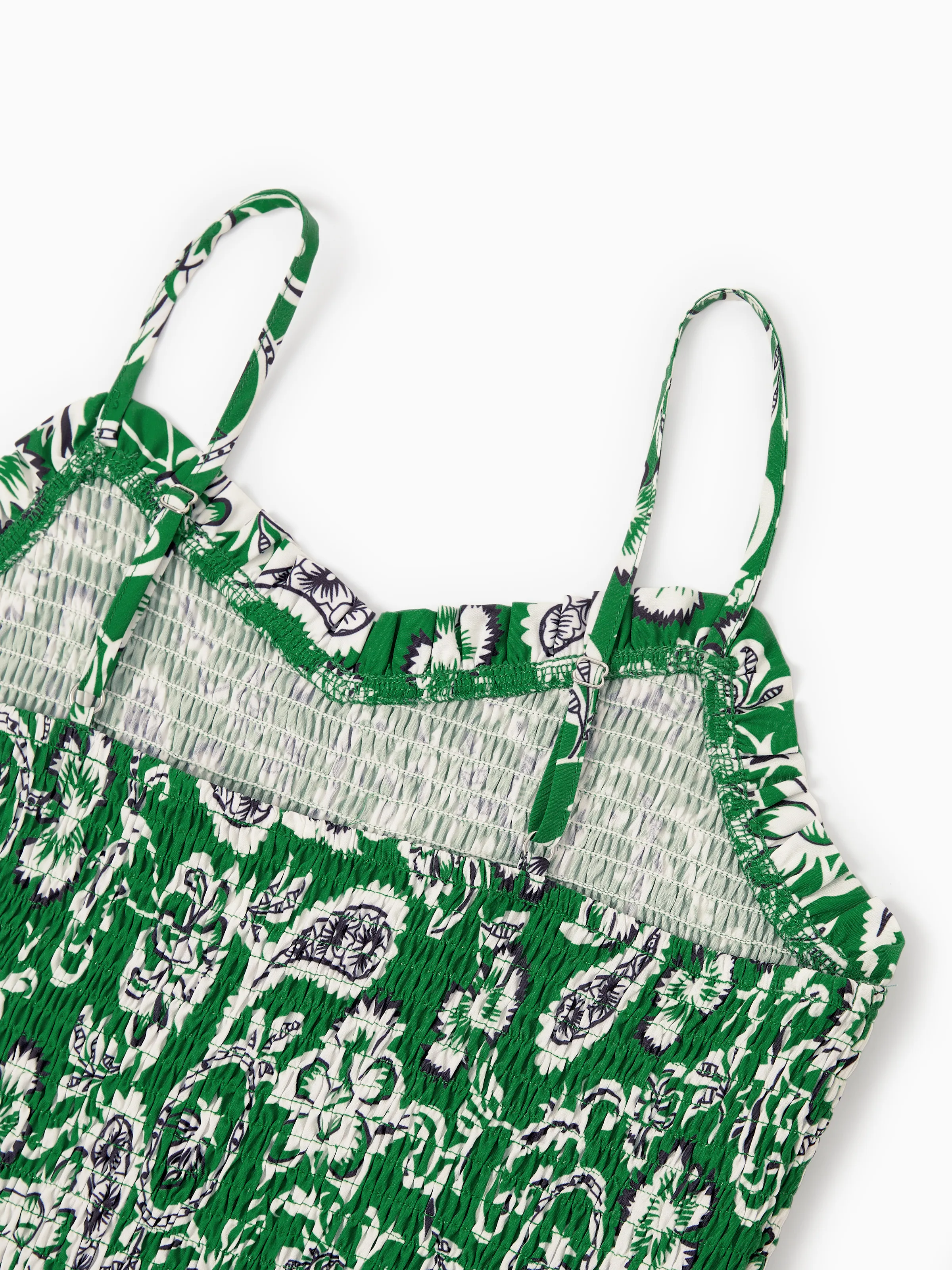 Mommy & me Outfits Set Floral Print Short-sleeve Collar Shirt or Strappy Smocked Dress for Summer Vacation Green - Image 9