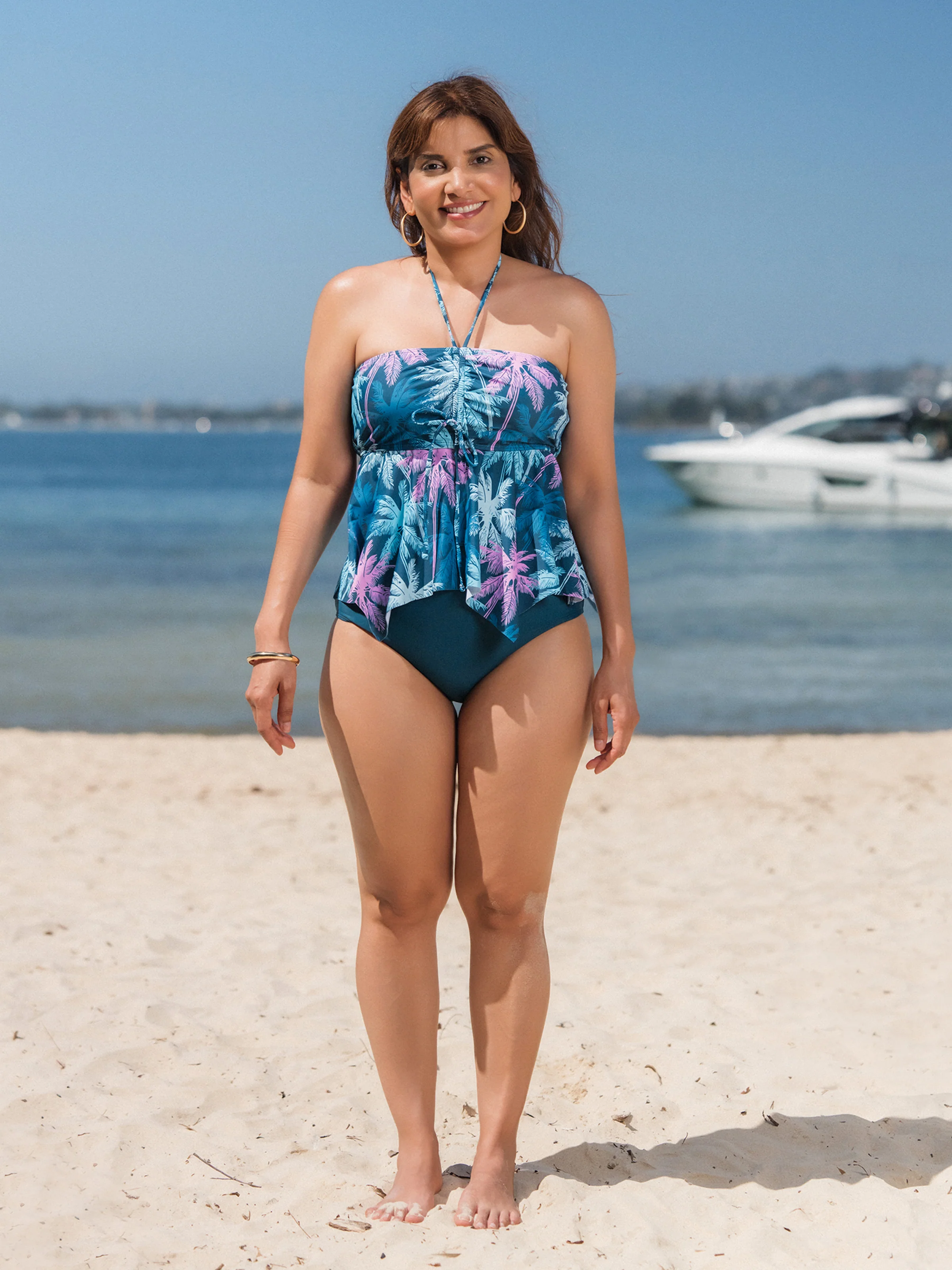 Mommy & me Swimsuits Tropical Palm Tree Print, Mommy and Me Ruffle two-piece Swimsuit, Beach Vacation Swimwear Turquoise - Image 4