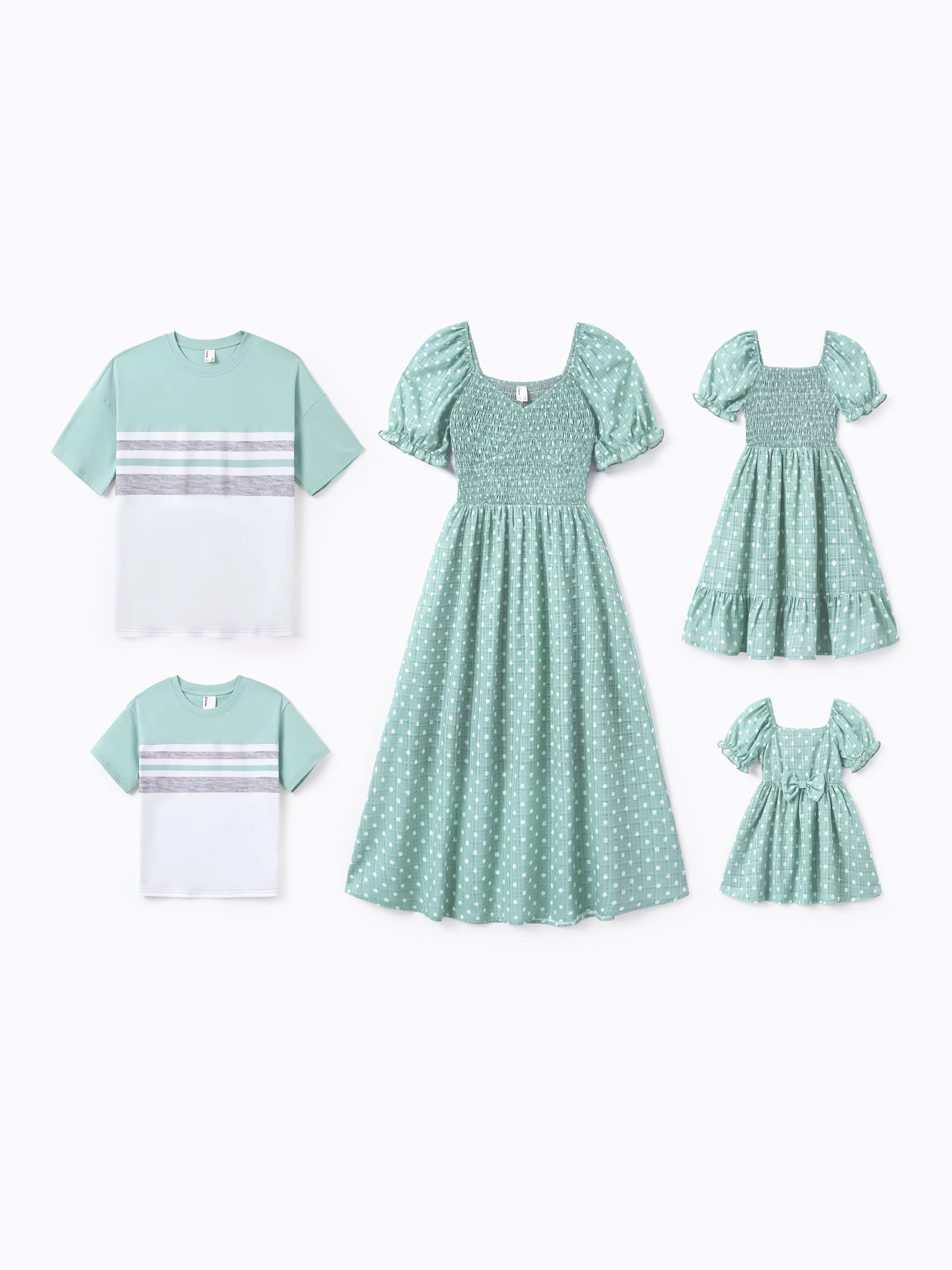 Mommy & me T-Shirt & Dress Set Polka Dot Puff-sleeve Dress for Mom, Daughter & Baby, Color Block Cotton Tee for Dad & Son, Perfect for Family Outings & Photos Light Green - Image 7