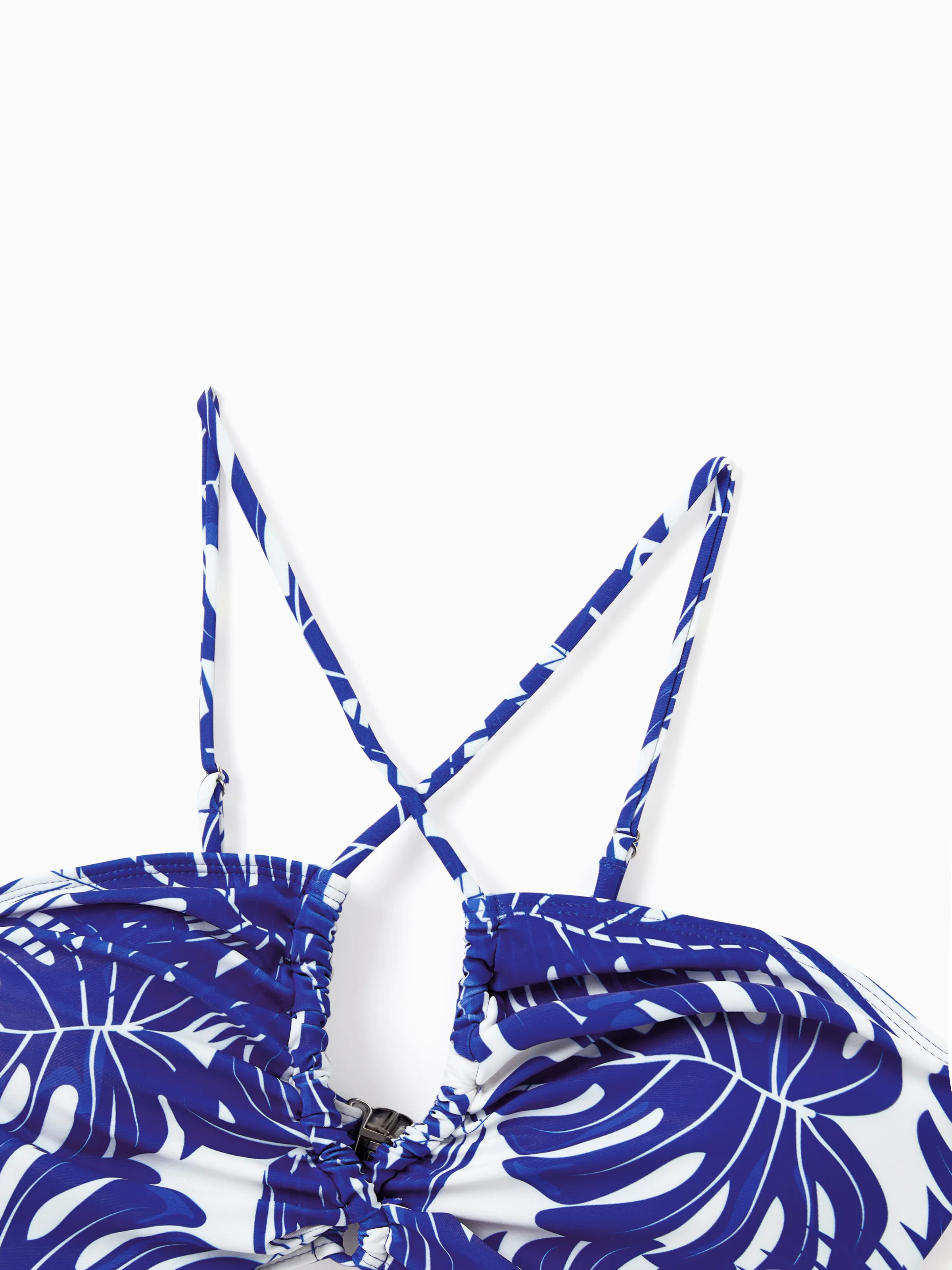 Mommy & me Tropical Leaf Print Hollow-out Crisscross Straps One-piece Swimsuit Blue - Image 5