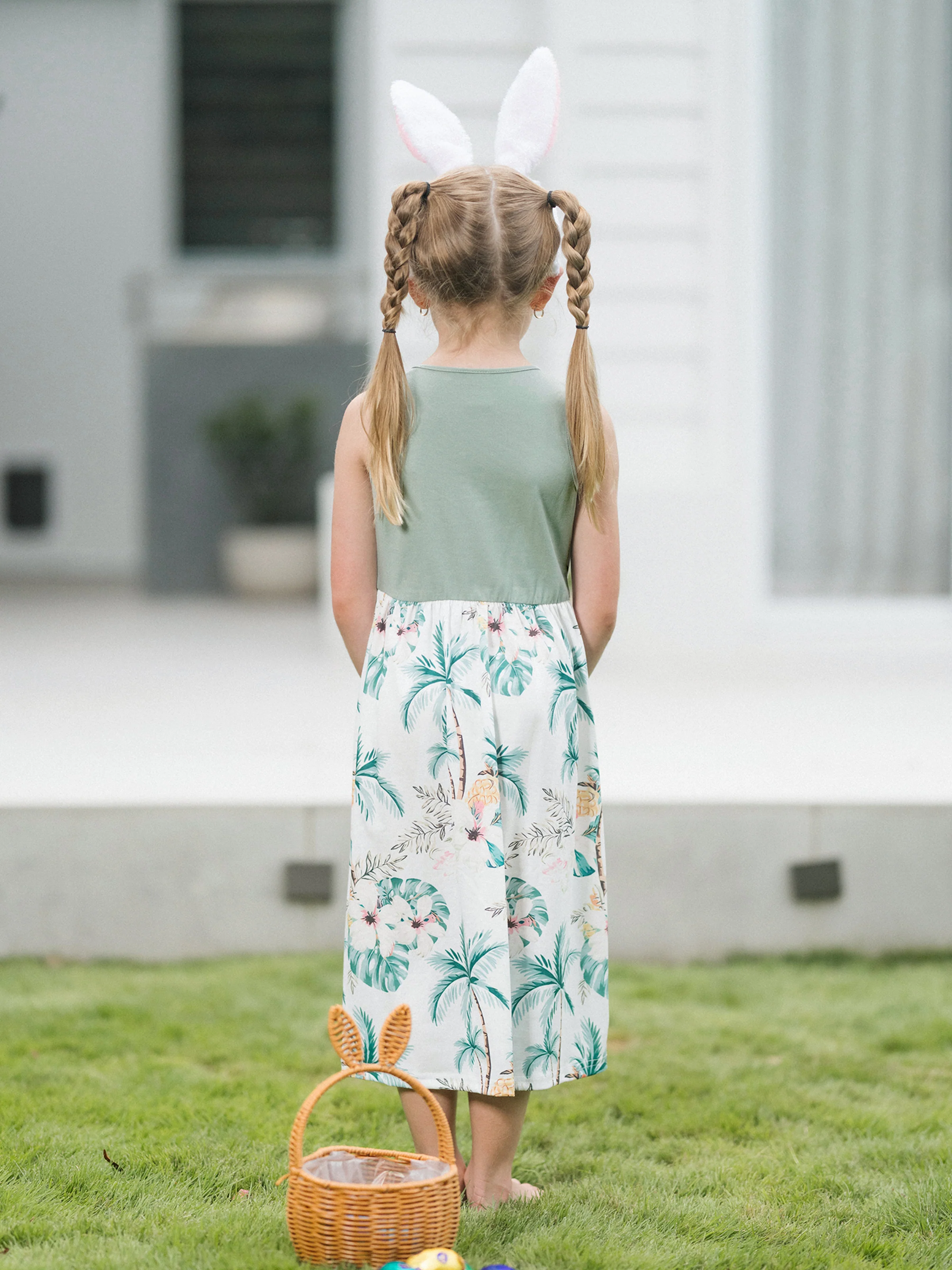 Daddy & Me Tropical Print Outfits,Daughter Tank Dress & Dad Cotton T-Shirt Set Green - Image 12