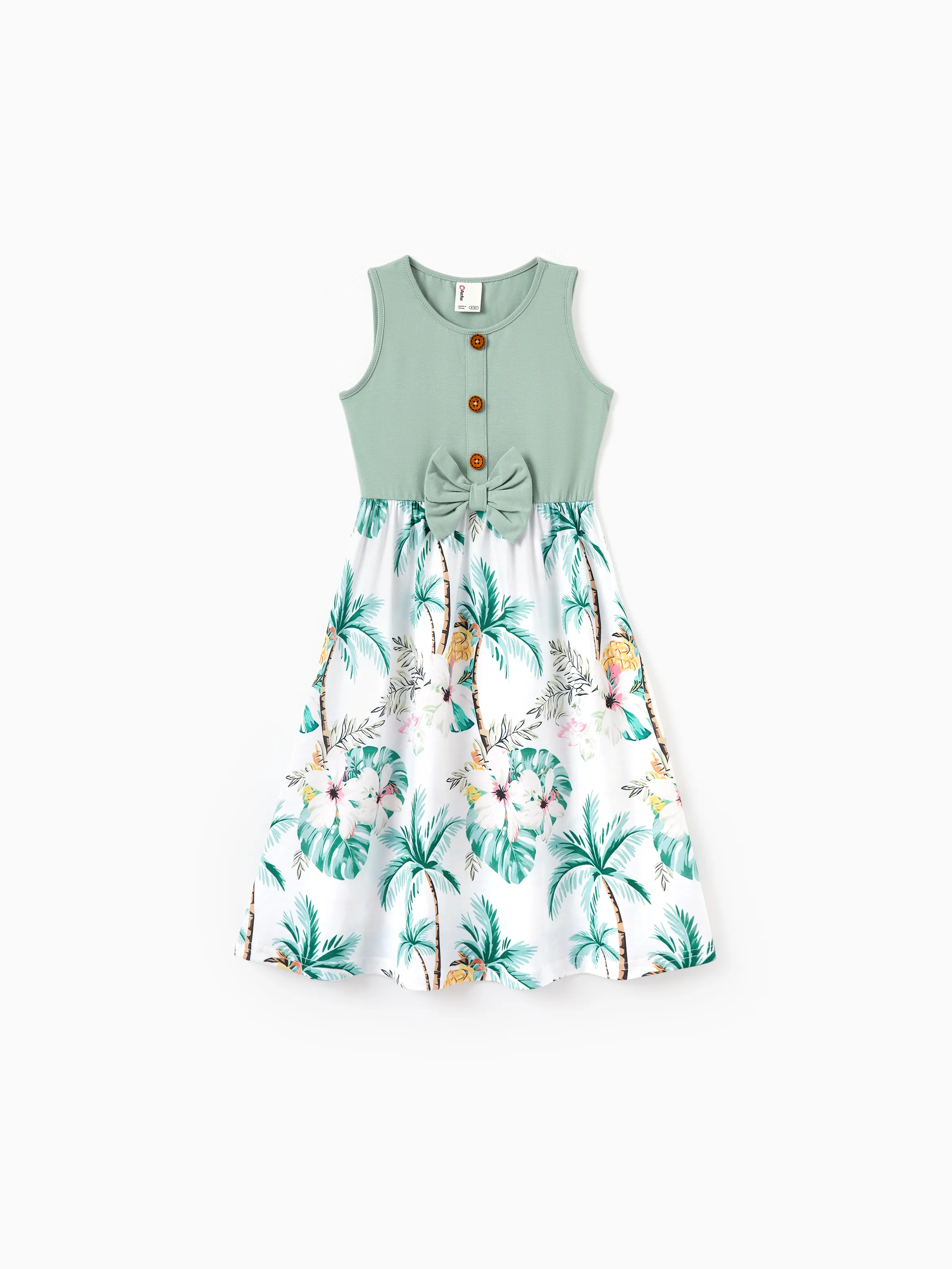 Mommy & me Tropical Print Outfits Mommy & Me Tank Dress & Kids Cotton T-Shirt Set Green - Image 13
