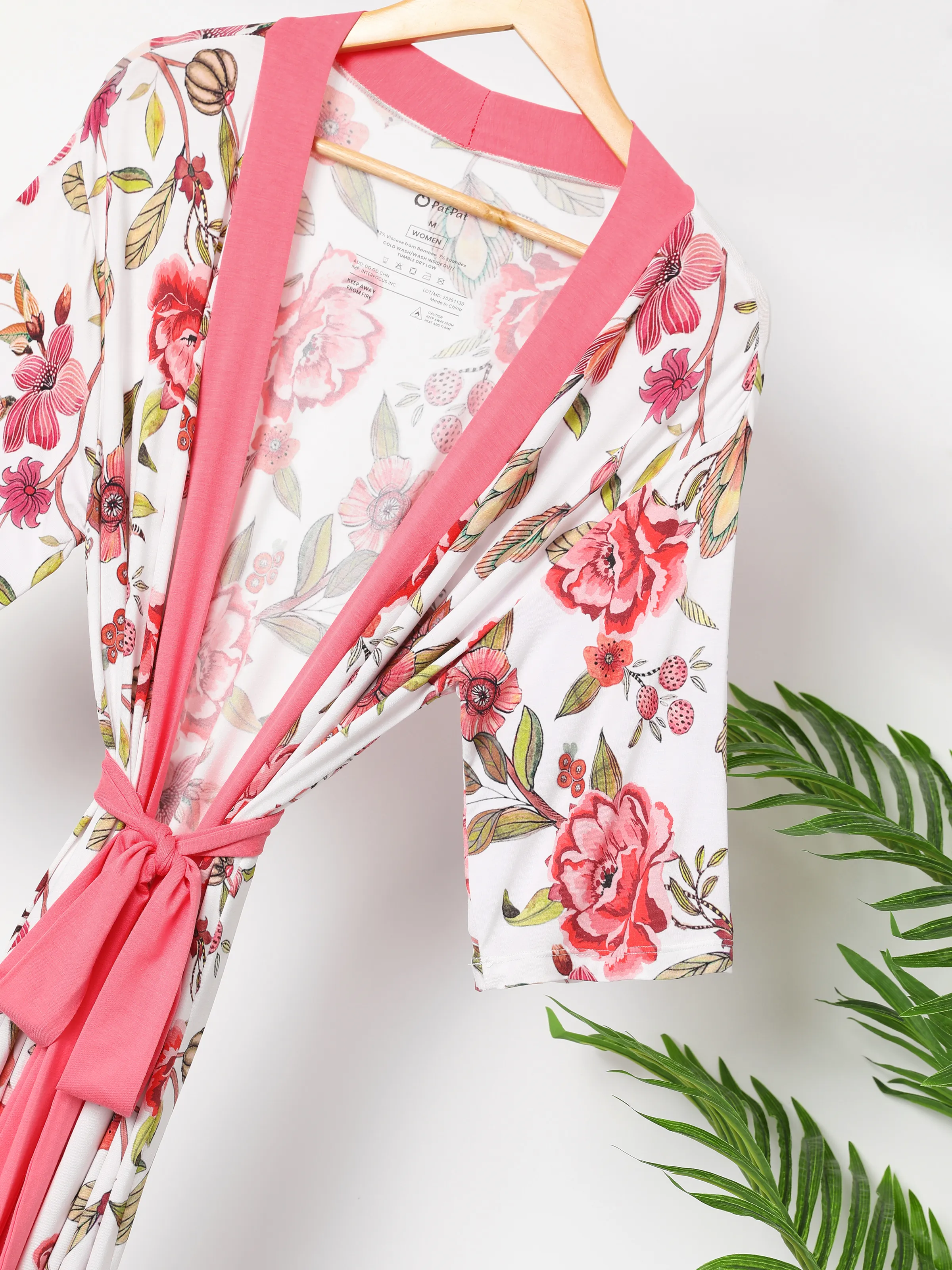 Newborn Bamboo Set for Mommy and Me Floral Bamboo Robe for Mom, Soft Swaddle Blanket with Hat, Gentle & Breathable for Newborn Essentials Peach Pink - Image 4