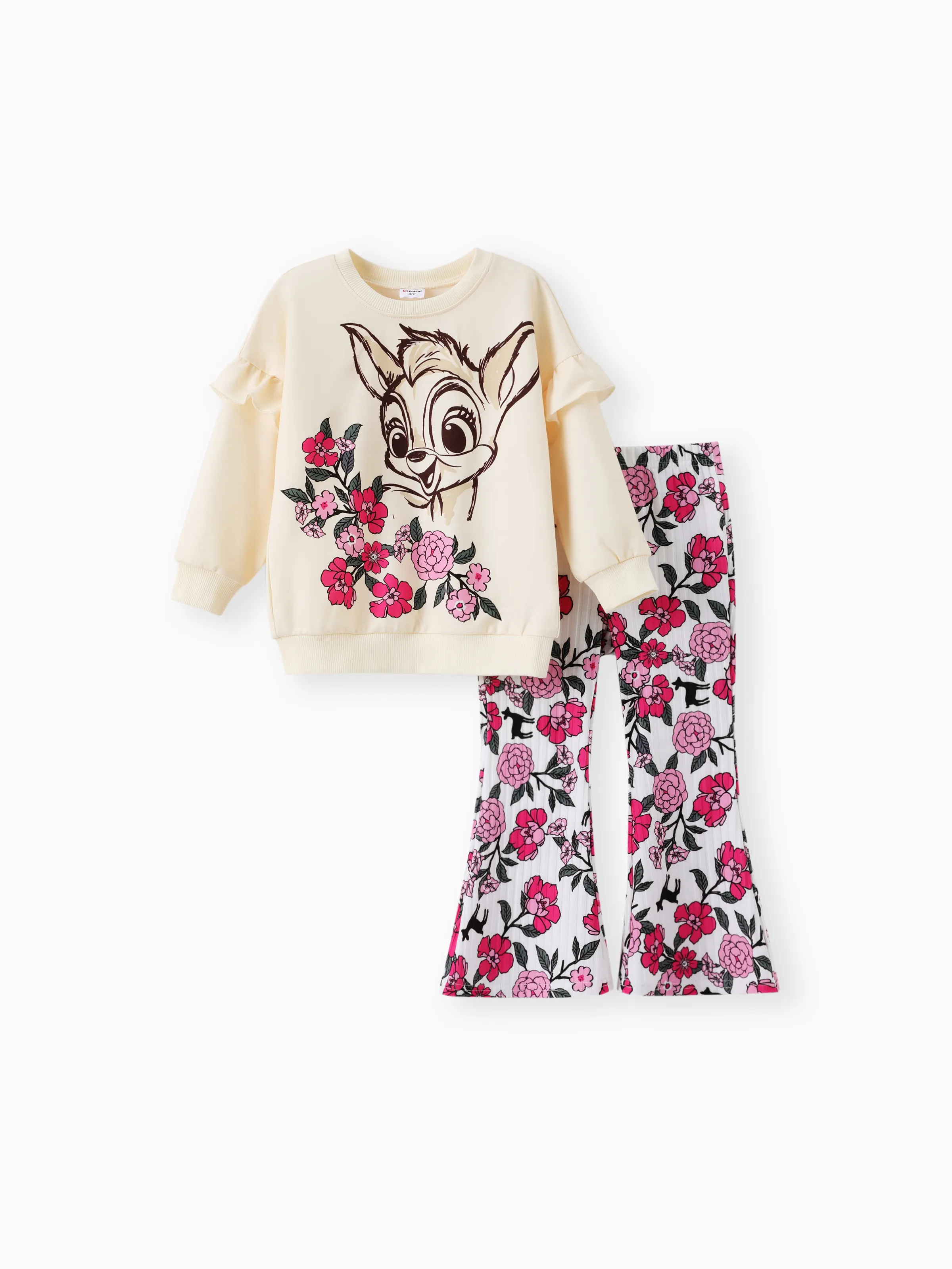 Toddler Girl 2pcs Dear Ruffled Sweatshirt and Floral Flared Pants Set Color block