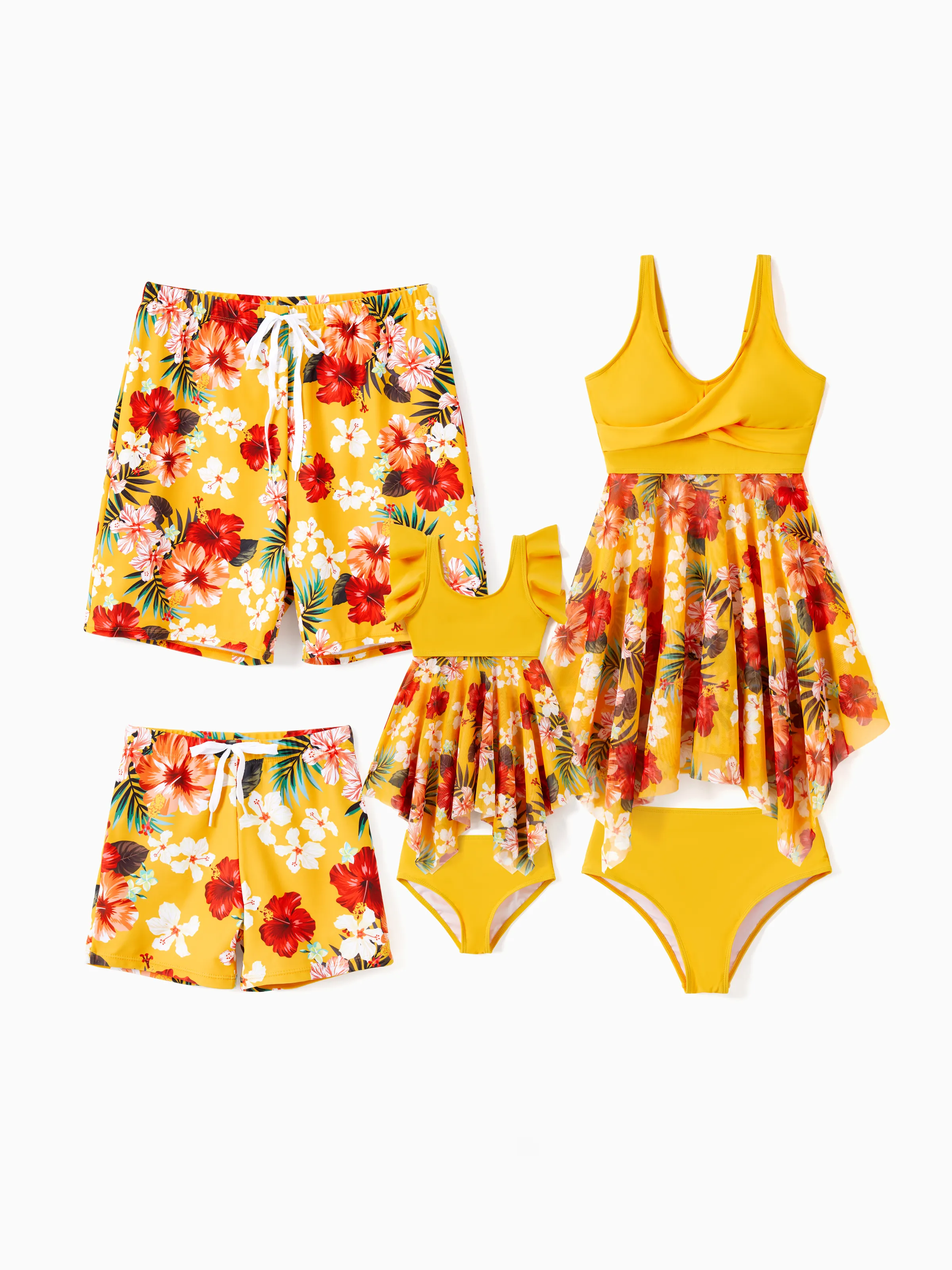Toddler Girl Floral Drawstring Flowy Spliced Mesh Swim Dress with Triangle Swim Bottom Yellow - Image 2
