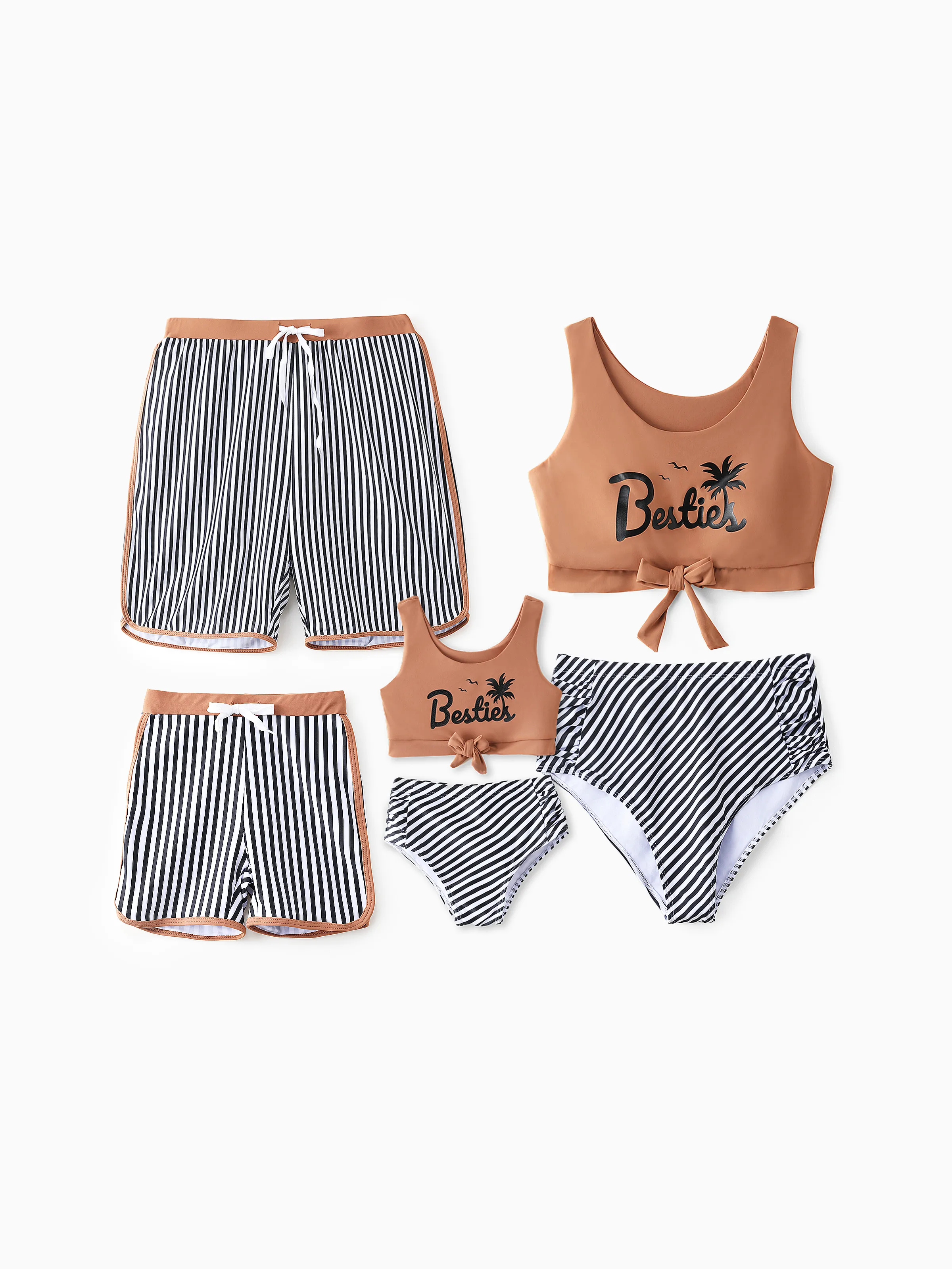 Toddler Girl Vertical Stripe Drawstring Besties Printed Crop Tank Bikini Khaki - Image 2