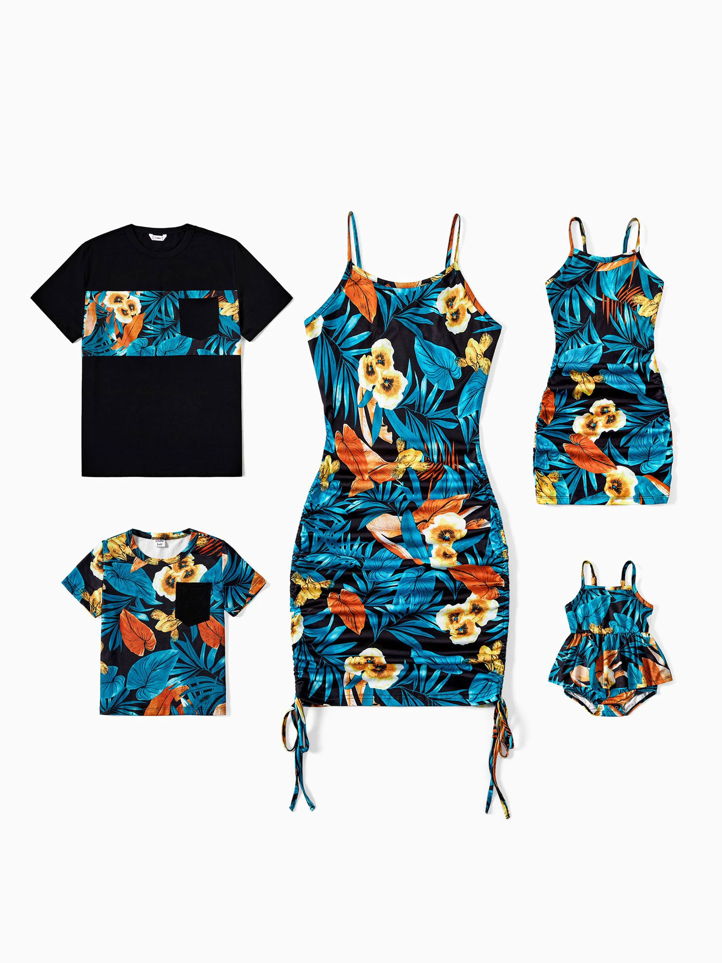 Toddler/Kid Girl Floral Panel T-shirt and Floral Ruched Drawstring Side Strap Dress Sets Black - Image 2