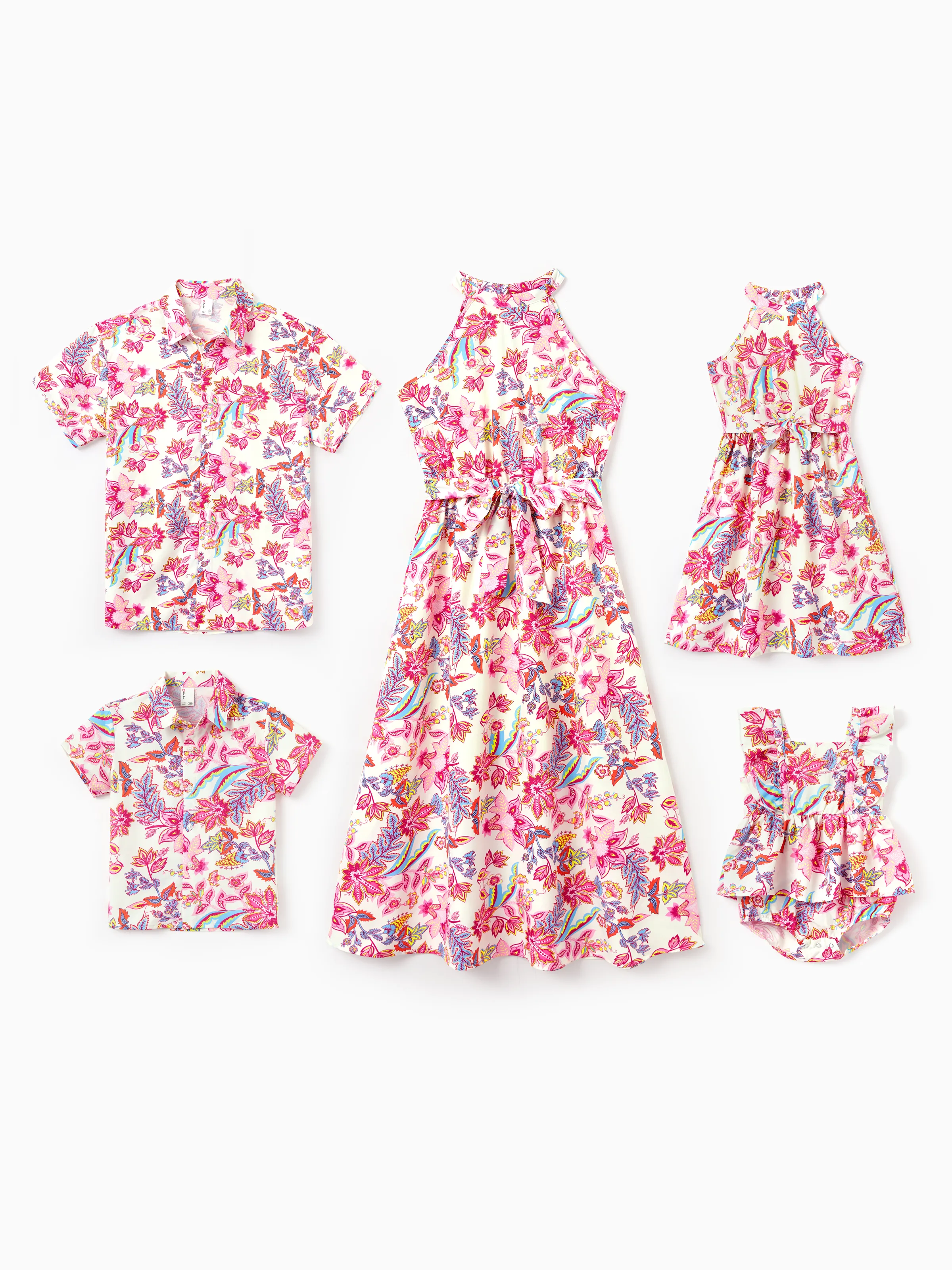 Toddler/Kid Girl Tropical Flora Print Halter Belted Dress for Summer Vacation Beige - Image 2