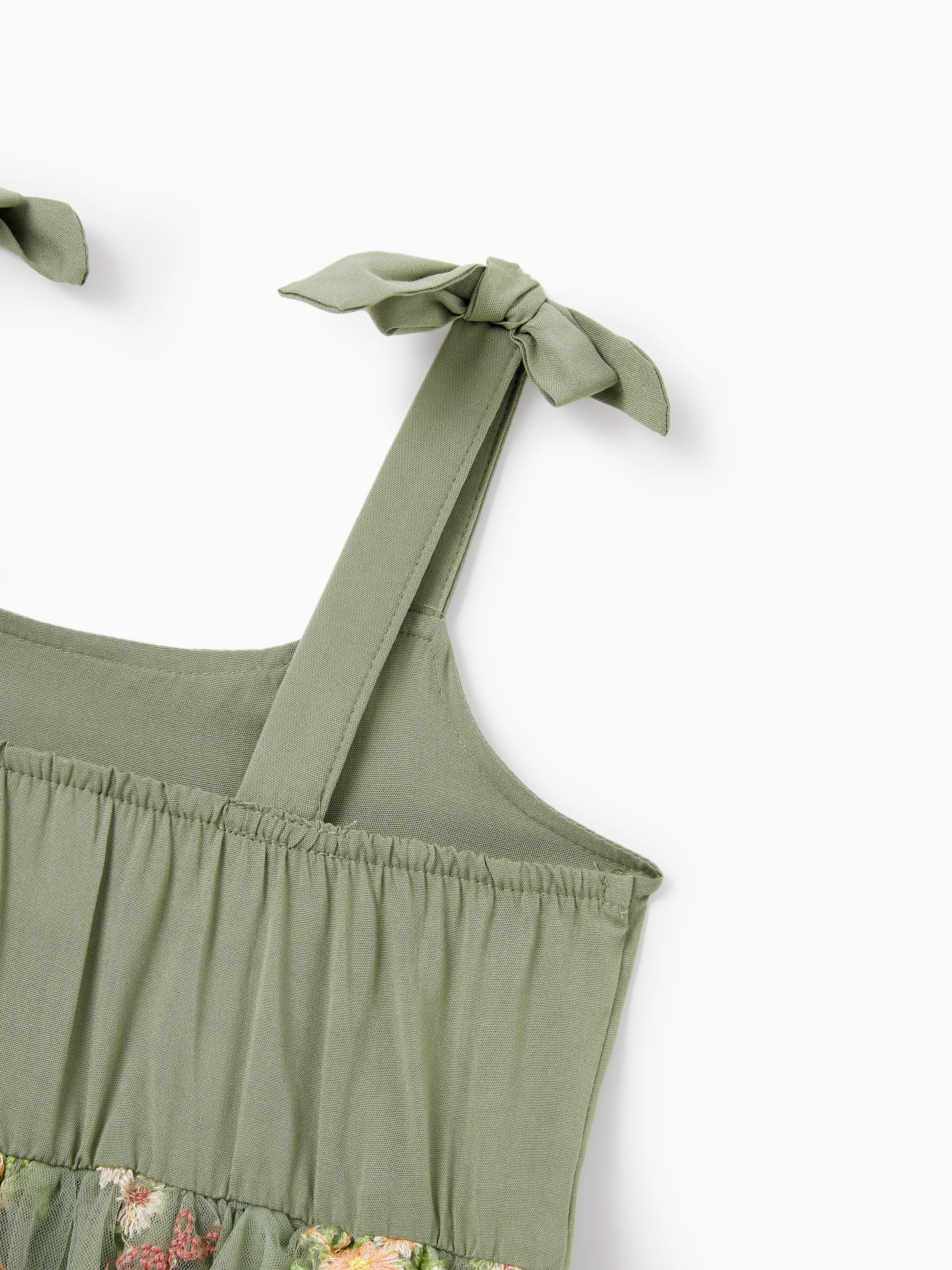Toddler/Kid Girl Flower Embroidered V-neck Strappy Mesh Dress Green - Image 7
