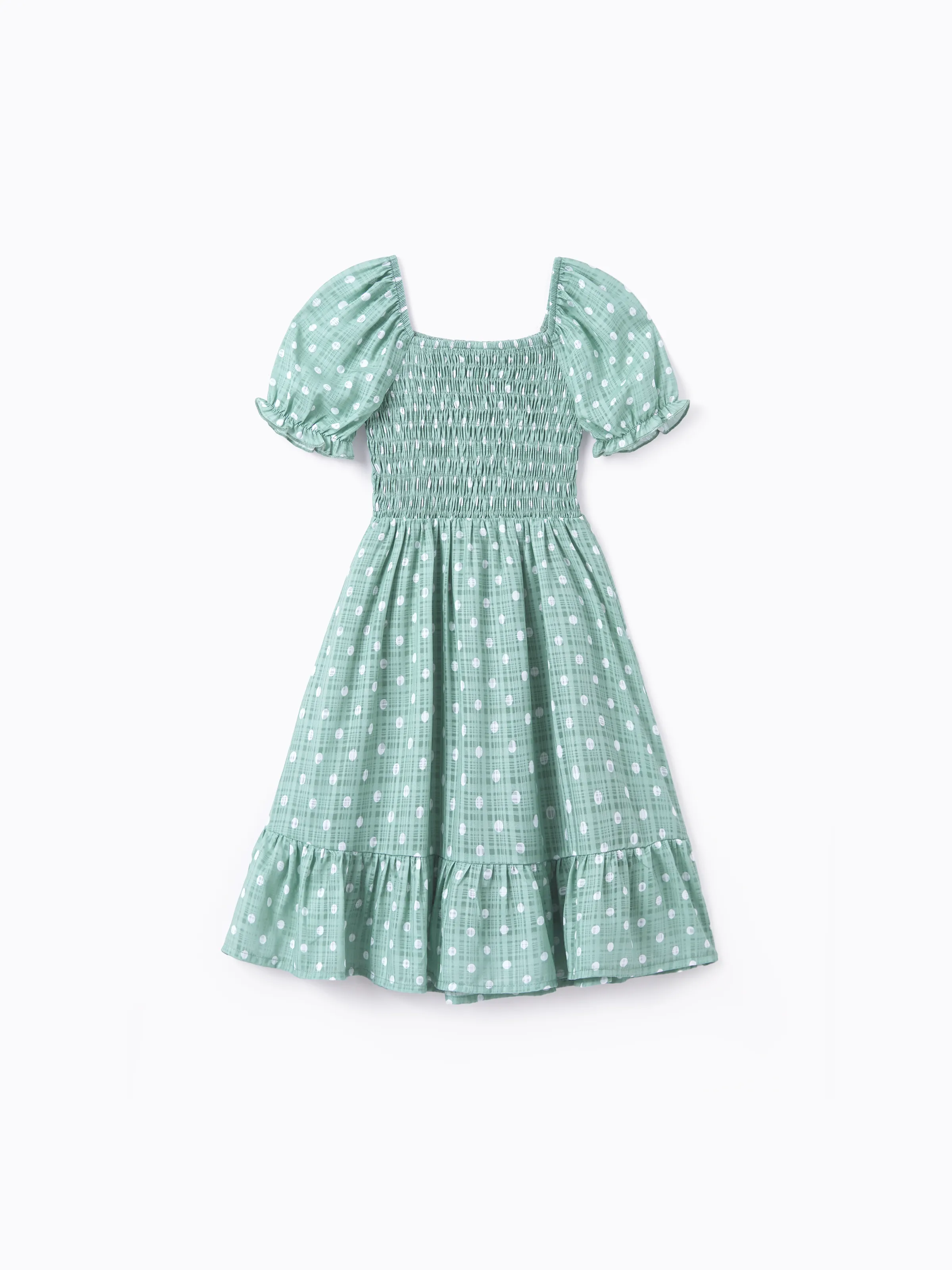 Toddler/Kid Girl Polka Dot Puff-sleeve Dress, Perfect for Family Outings & Photos Light Green - Image 3