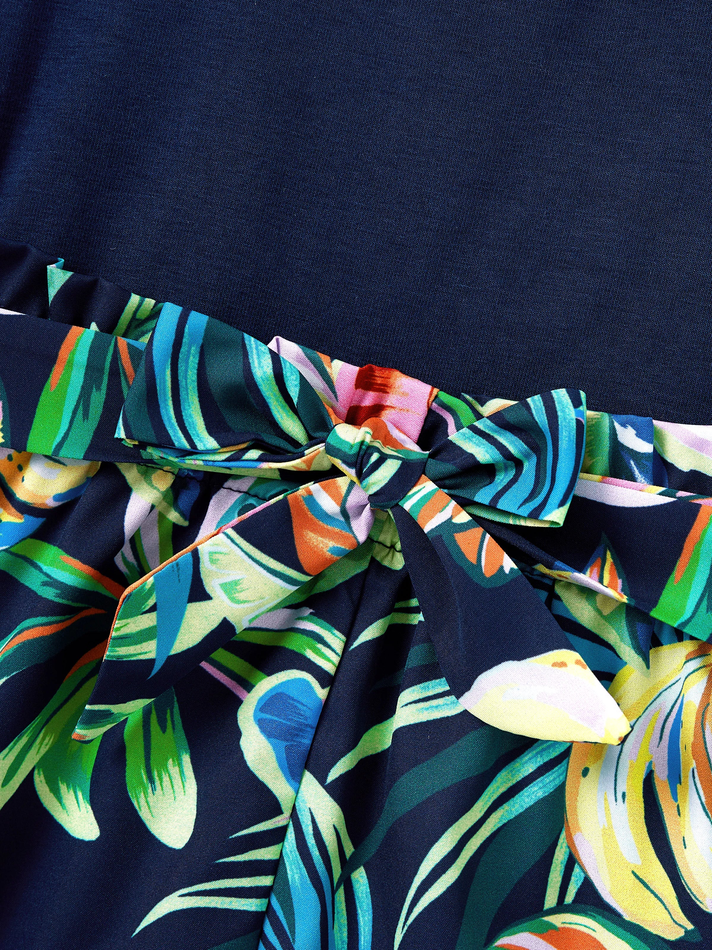 Toddler/Kid Girl Tropical Leaves Print Sleeveless Rompers with Belted Shorts Deep Blue - Image 4