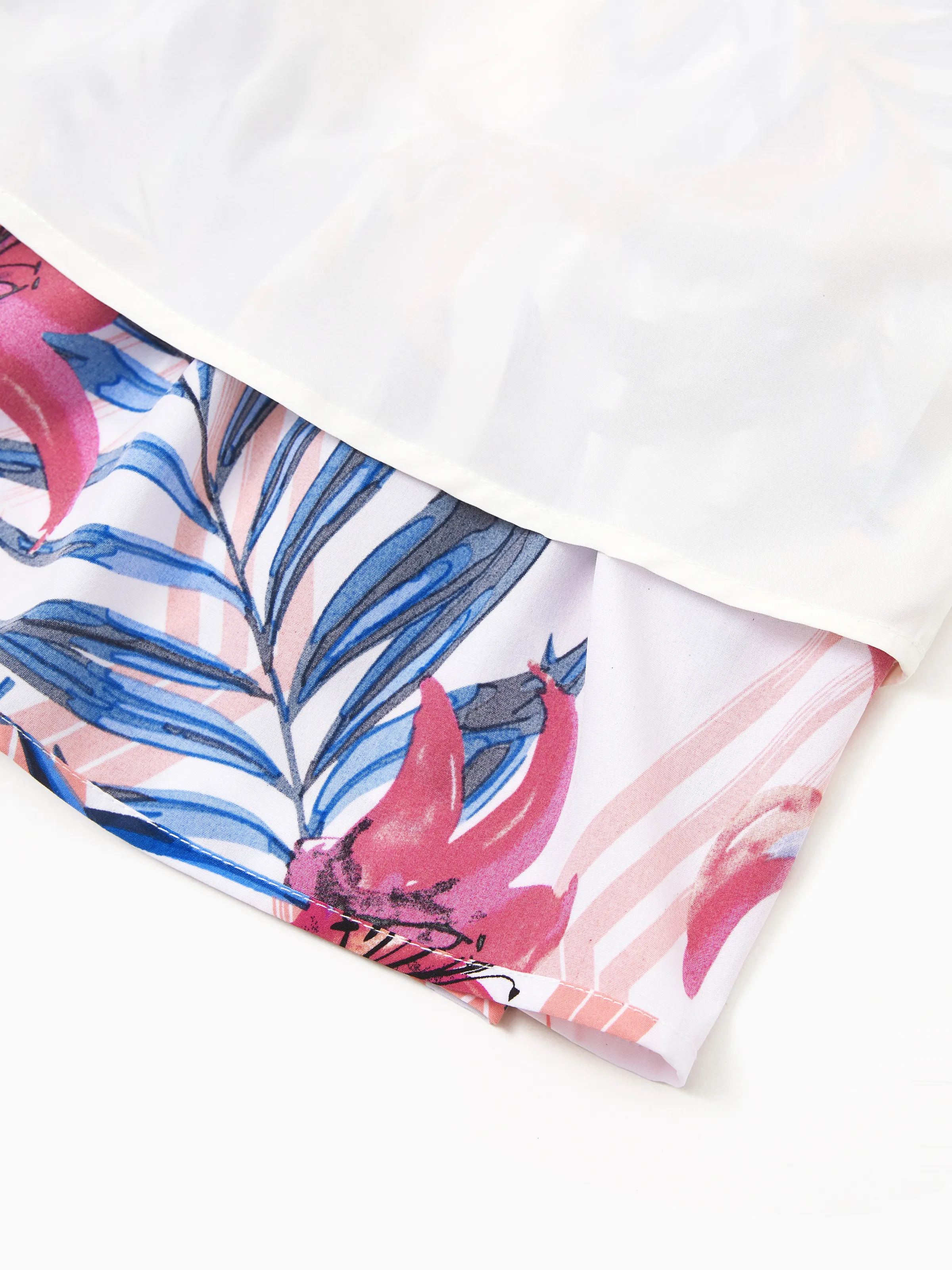 Daddy & Daughter Tropical Floral Outfits Pink Blue Leaf Print Short-sleeve Shirt or One Shoulder Smocked top and Skirt Co-ord Set for Vacation, Cruise, Beach White - Image 10