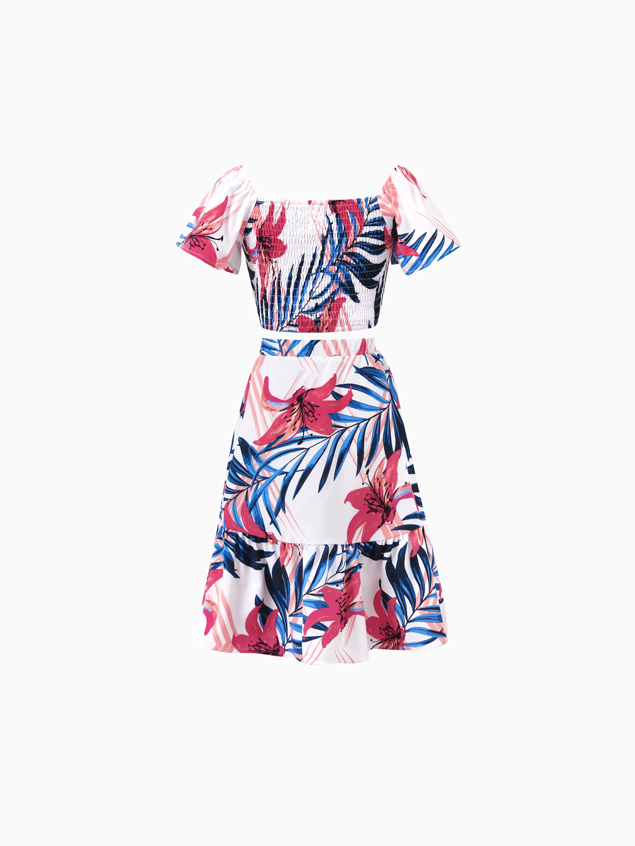 Tropical Floral Toddler/Kid Girl Outfits Pink Blue Leaf Print Short-sleeve Shirt or One Shoulder Smocked top and Skirt Co-ord Set for Vacation, Cruise, Beach White - Image 3